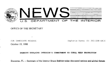 Babbitt Explains Interior's Commitment to Coral Reef Protection October 19, 1998