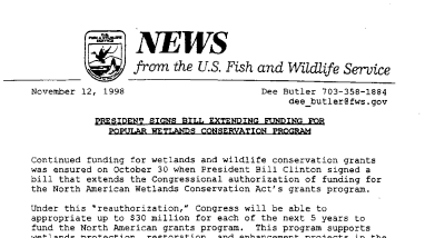 President Signs Bill Extending Funding for Popular Wetlands Conservation Program November 12,1998