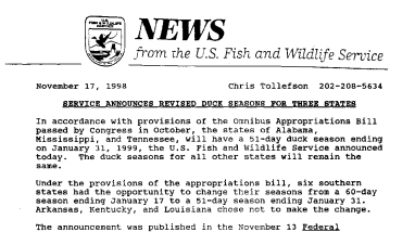 Service Announces Revised Duck Seasons for Three States November 17, 1998