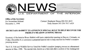 Secretary Babbit to Announce Special Rule to Help Recover the Preble's Meadow Jumping Mouse December 01, 1998