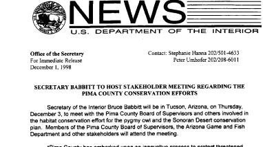Secretary Babbitt to Host Stakeholder Meeting Regarding the Pima County Conservation Efforts December 01, 1998