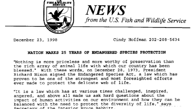 Nation Marks 25 Years of Endangered Species Protection December 23, 1998