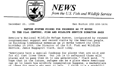 Refuge System Poised for Progress as It Moves to the 21st Century, Fish and Wildlife Service Director Says December 23, 1998