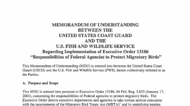 This Memorandum of Understanding (MOU) is entered into between the United States Coast Guard (USCG) and the U.S. Fish and Wildlife Service (FWS)