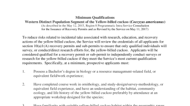 Minimum Qualifications for Obtaining a Section 10(a)(1)(A) Recovery Permit for the Western Distinct Population Segment of Yellow-billed Cuckoo