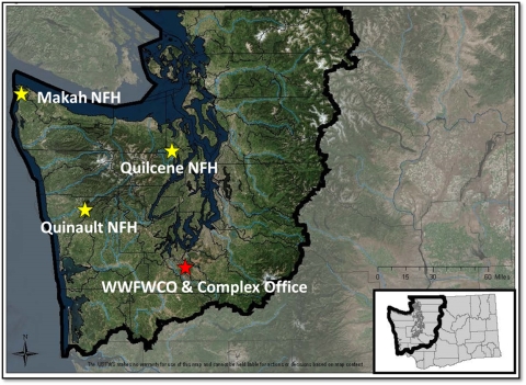 This is a map view of the facility locations and area of coverage for the Puget Sound/Olympic Peninsula Fisheries Complex in WA State.