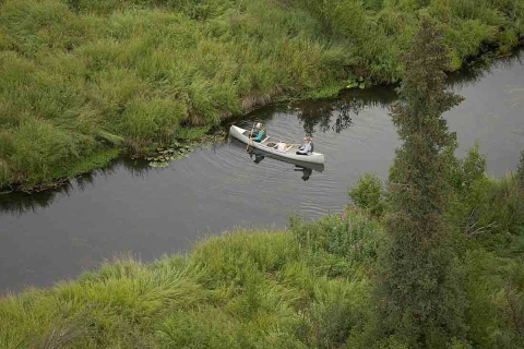 A canoe with two boaters navigating a stream banked on both sides with green vegetation