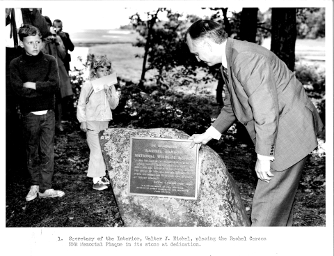 Department of the Interior Secretary Walter Hickel Dedicates Rachel Carson Memorial plaque on June 27, 1970, as two young children look on.