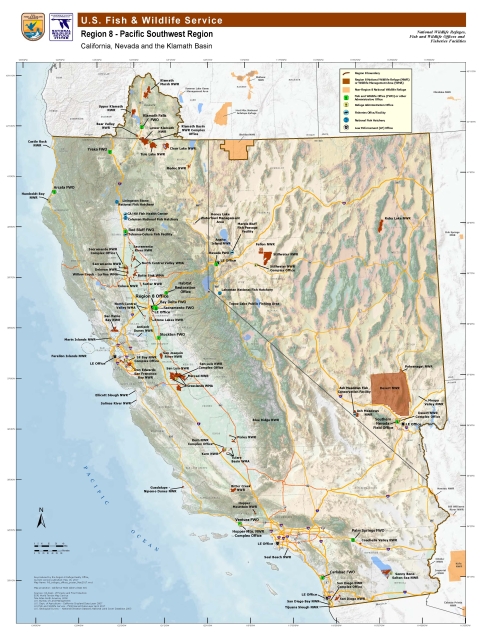 A Map of California and Nevada showing highways, cities, and locations of National Wildlife Refuges.