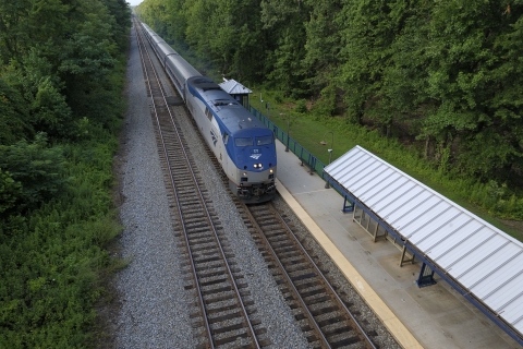 A train cutting through green forest, pulling up to a station.