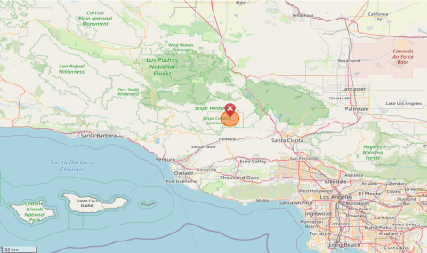 A map showing the California coast from Los Angeles passed Santa Barbara and inland to Edwards Airforce Base with a red icon near the center of the image showing the dough flat trailhead location.