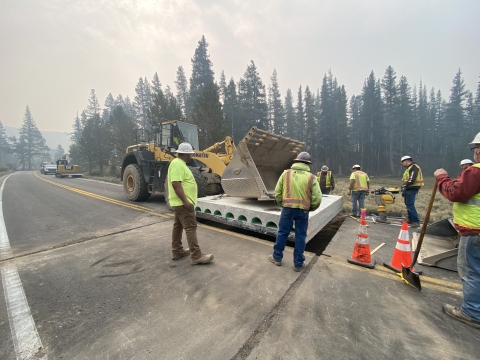 Caltrans installing the mini-culvert undercrossing for Yosemite toads along State Route 108 in Mono County