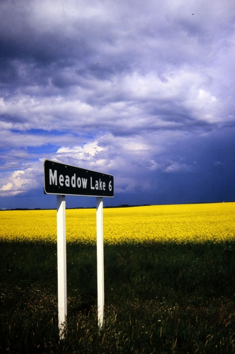 Brown road sign saying Meadow Lake stands in contrast to a golden backdrop of prairie. An dark blue ominous sky is filled with rain-laden clouds as a storm rolls in.