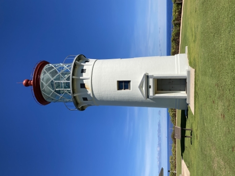 A lighthouse sits in some grass with clear blue skies behind it
