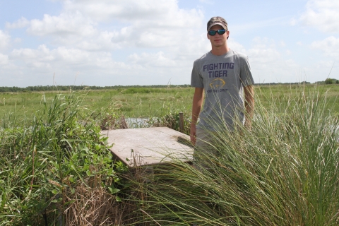 Volunteer standing near marsh.