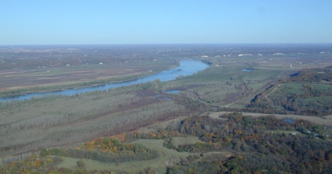 View of the Missouri river from helicopter looking across floodplain and surrounding countryside in central Missouri. 