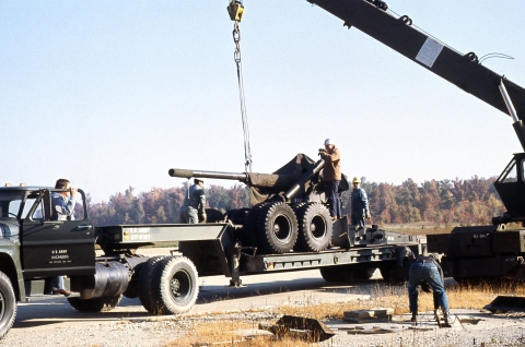 Army cannon on trailer at Jefferson Proving Ground munitions testing area