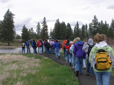 Students on a nature walk participating in a field trip at Turnbull NWR