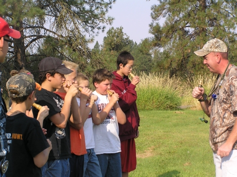 Washington Waterfowl Association Spokane Chapter demonstrating duck calls in preparation for the waterfowl youth hunt at Turnbull NWR.