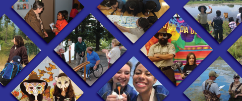 Collage of images depicting a woman teaching, an adult Park Ranger and a student celebrating Hispanic culture, two adults working on fish research and standing in water, and a man with a disability using a new ramp.