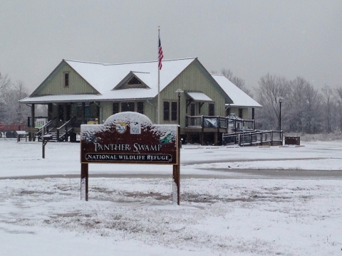 The Panther Swamp NWR Headquarters Office covered in snow