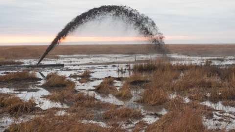 A machine shoots dark sediment from open water onto vegetated wetland to restore a marsh