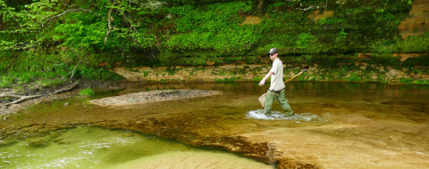 A person in a brown uniform walks in a stream lined with a cliff with a net in hand