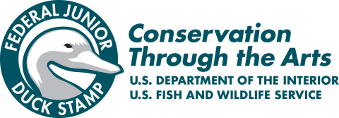 Duck head with text Junior duck stamp - Conservation through the arts