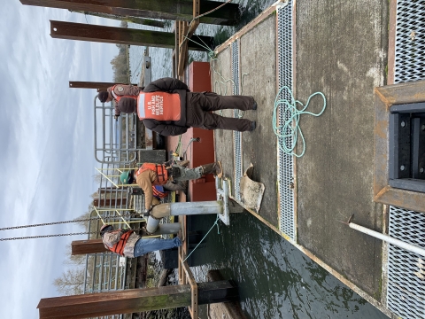 Four men in bright orange vests and hard hats work on a dock by a river.