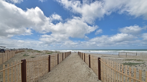 Two roped fences on either side of a beach path