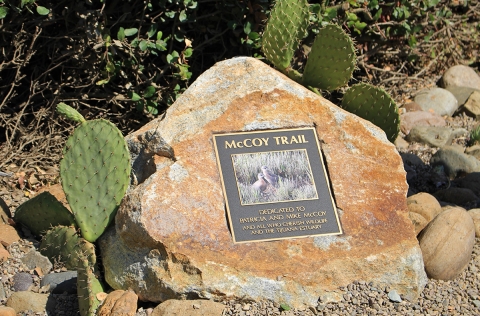 Black plaque with photo and gold lettering embedded in large rock