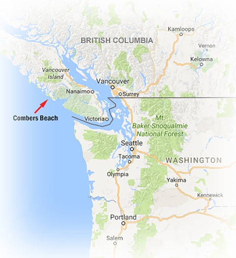 Graphic map of Vancouver Island with red arrow and text that reads "Combers Beach"