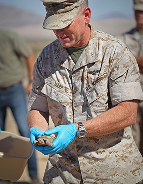 Uniformed man holds juvenile tortoise in his hands