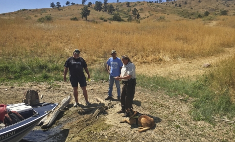 three people standing in a field with a dog on the ground