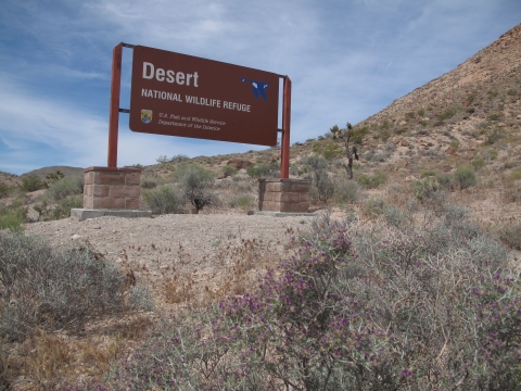 a large, brown refuge sign is on the side of a desert hill