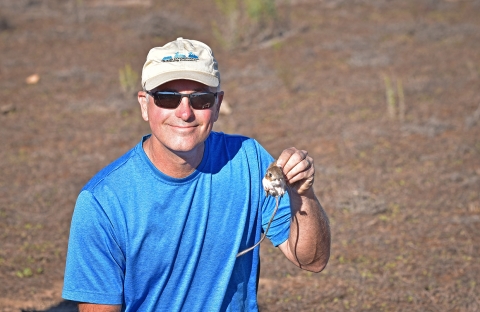 Man holds up a Stephens' kangaroo rat in his left hand