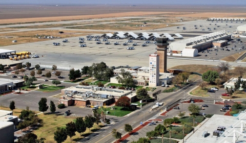 aerial view of control tower and flightline