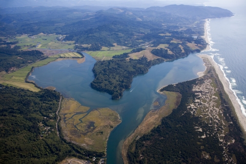 An aerial photograph of two rivers meeting at a forested peninsula, a large bay and the Pacific shoreline.