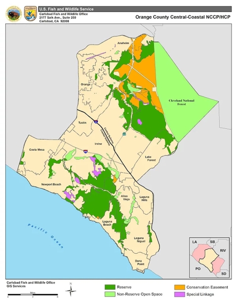 Graphic map of Orange County with green and orange designations