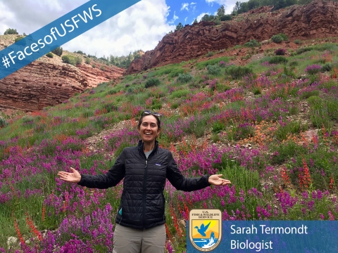 A woman stands in front of a field of wildflowers. A banner reads "#FacesofUSFWS". Another banner reads "Sarah Termondt, Biologist"