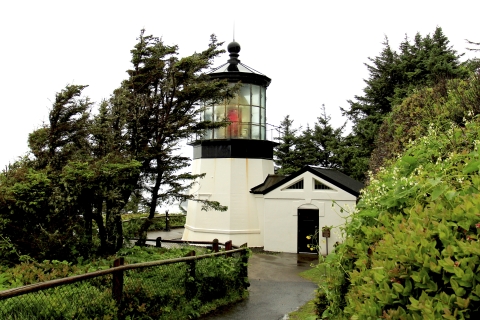 A short white lighthouse stands adjacent to a white building, surrounded in trees and shrubs