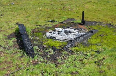 Charred sign posts and a pile of ash surrounded by fresh grass.