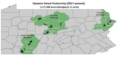 A map showing forest areas undergoing habitat management to support bird communities. 