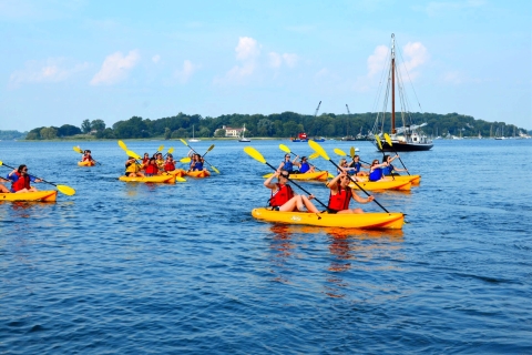 Group of kayakers cross the scenic bay among sailboats