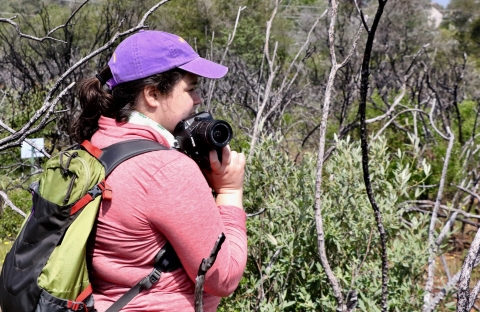 A woman wearing a baseball cap looks off in the distance at trees and shrubs. She holds a camera at her shoulder.