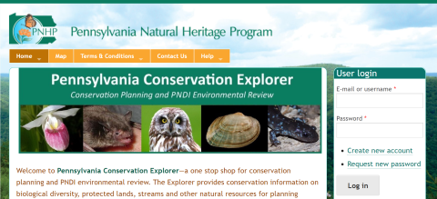 Screenshot of the Pennsylvania Natural Heritage Program Login Page