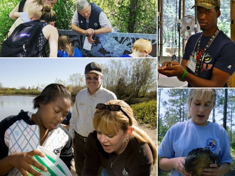 A montage of photos of men and women volunteering at refuges