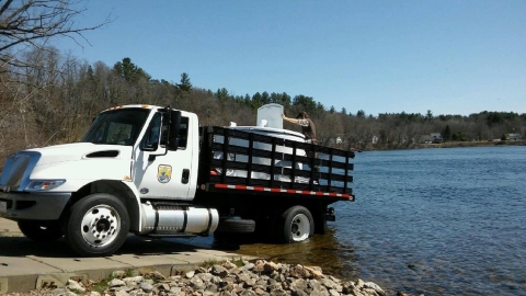 USFWS stocking truck backed down a boat ramp to stock fish into a river. The truck is a large International make, with a white cab and black grates on the side. There is a large 750 gallon tank on the bed of the truck, with a biologist propping open the lid. 