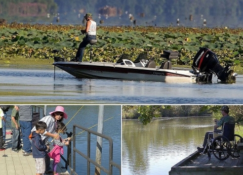 Three-photo collage: a man fishing in a motorboat, a man in a wheelchair fishing from a pier and a woman helping children fish from a pier