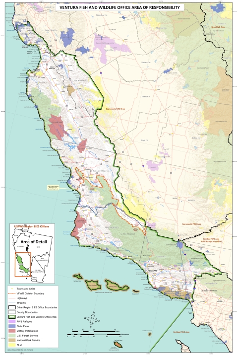 A map indicating the territory that fall's within the Ventura Fish and Wildlife Office's jurisdiction